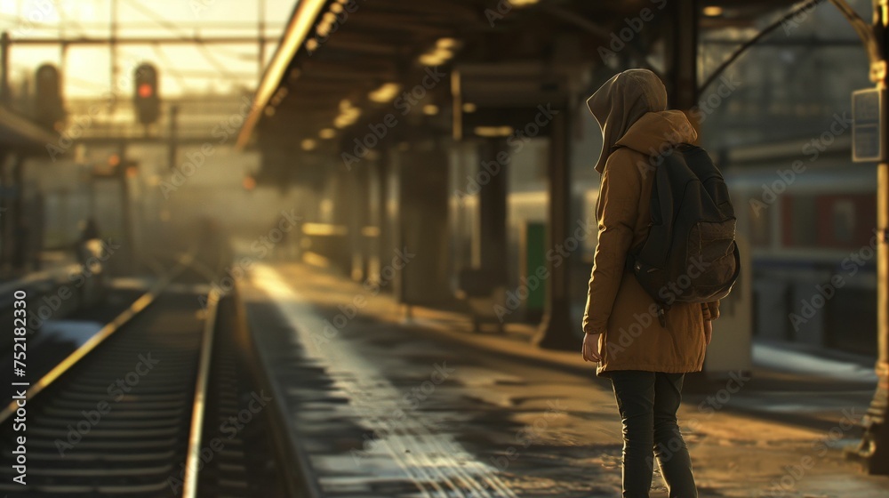 Person walking on a train station platform.