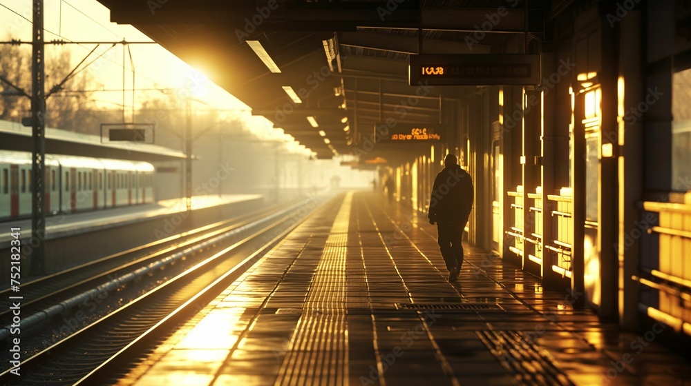 Person walking on a train station platform. Person walking on a train station platform.