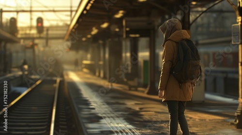 Person walking on a train station platform.