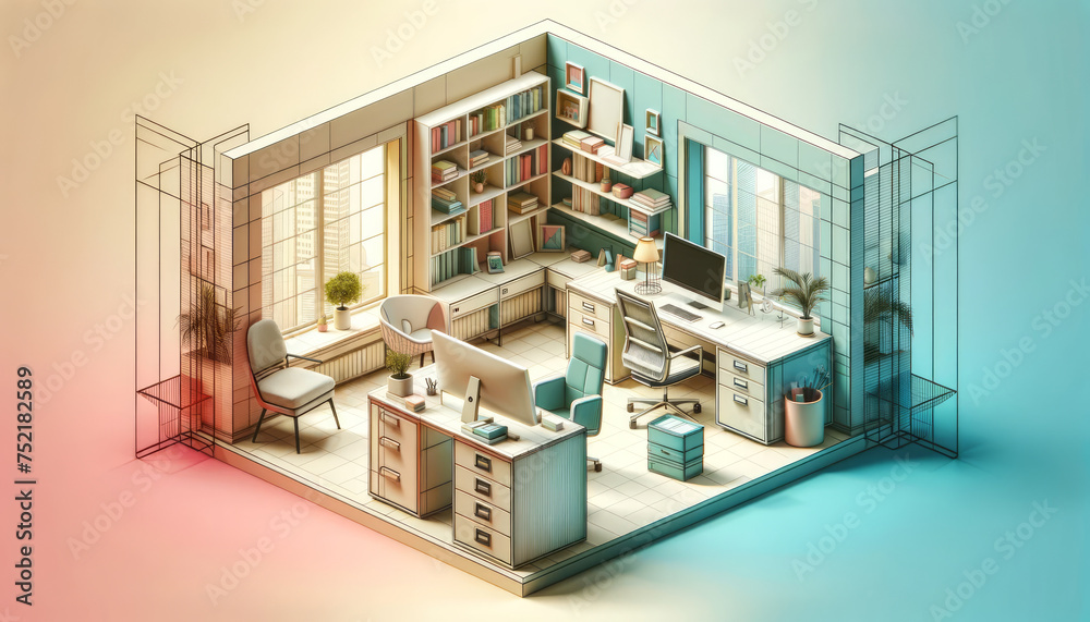 Open and Interconnected Office Design: Pastel 3D Style Open and Interconnected Office Design: Pastel 3D Style