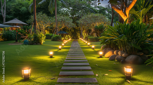 Garden stone walkway with lighted candles in the evening.	Resort and hotel with nature for travel,