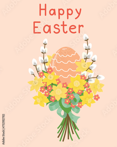 Happy Easter card with bouquet. Cute narcissus flowers with pussy willow and egg. Vector illustration