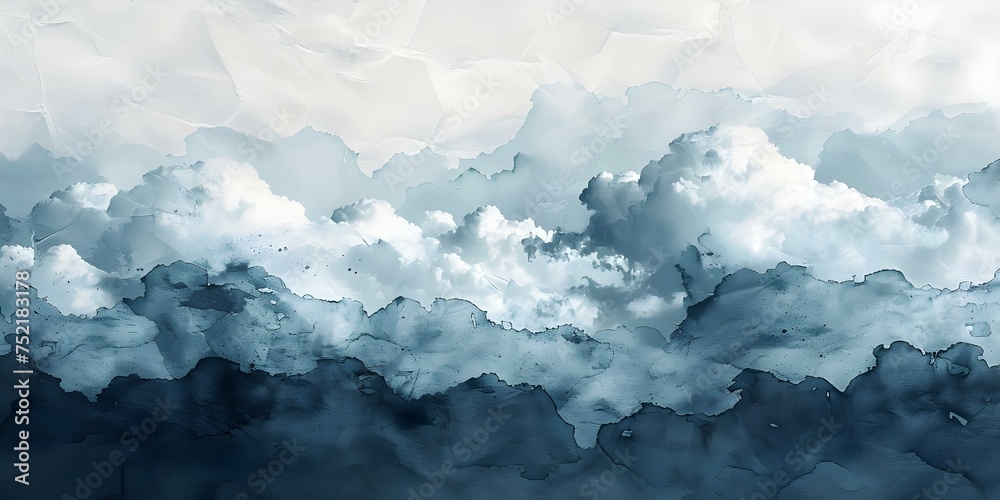 White paper and watercolor textures blend with black sky and clouds. Concept Watercolor Art, Sky and Clouds, Textured Paper, Black and White Palette, Blend of Colors