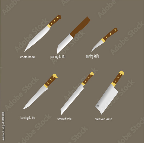 Set of knives, cooking in the kitchen, vector illustration 