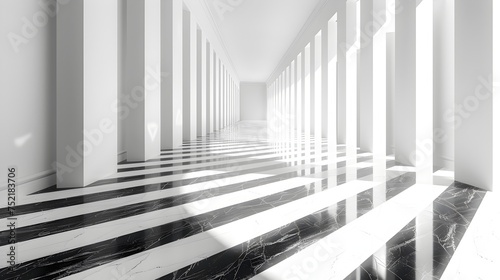 Black and White Hallway with Columns and Marble Floors, To provide an elegant and striking backdrop for modern design projects, or to showcase the