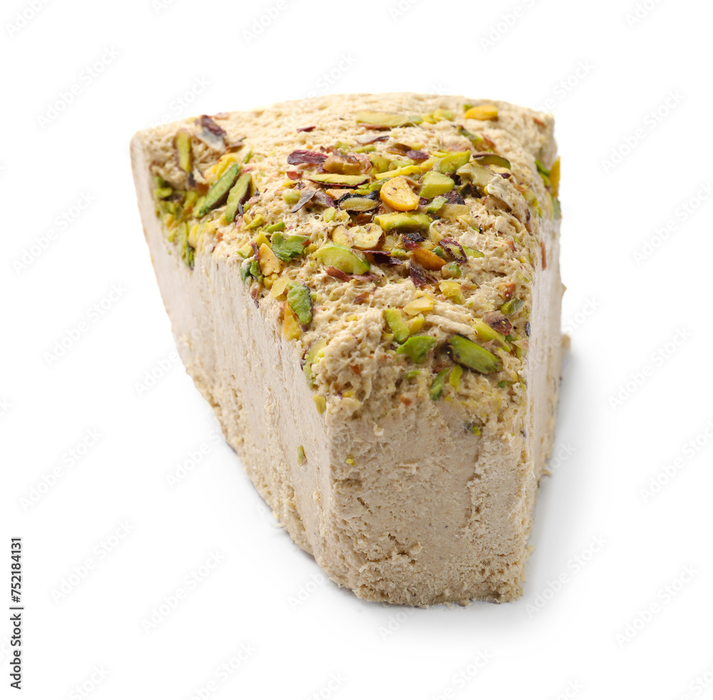 Piece of tasty halva with pistachios isolated on white Piece of tasty halva with pistachios isolated on white