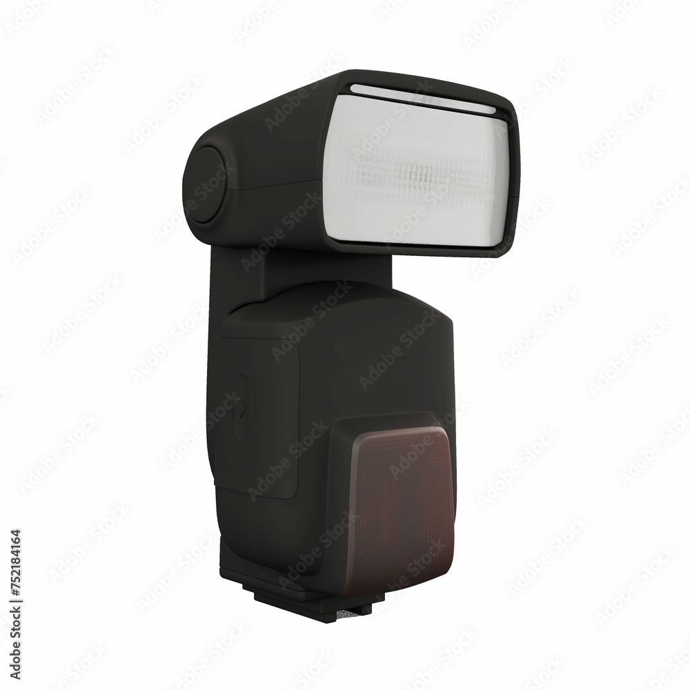 Digital 3D rendering of a sleek black camera flash