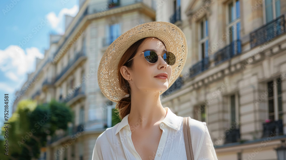 Woman With Sunglasses And Straw Hat With A Backdrop Of Haussmannian Architecture And Building. Woman In The Streets Of Paris Capital of France