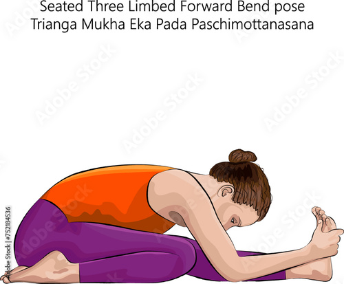 Young woman doing yoga Trianga Mukha Eka Pada Paschimottanasana. Seated Three Limbed Forward Bend pose or Half Hero Forward Bend pose. Isolated vector illustration.