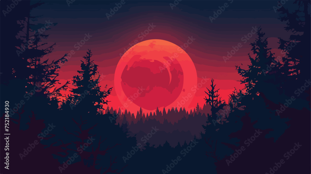 Sunset nature background with forest and red moon ..