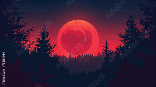 Sunset nature background with forest and red moon .. © Nobel