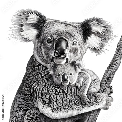 Hyper-Realistic Black and White Drawing of a Koala and Baby, To showcase the beauty and intricacies of koalas in a unique and detailed illustration,