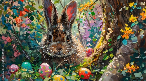 Easter Bunny in a Detailed Foliage  To provide a visually appealing and festive image for advertisements  invitations  or backgrounds during the