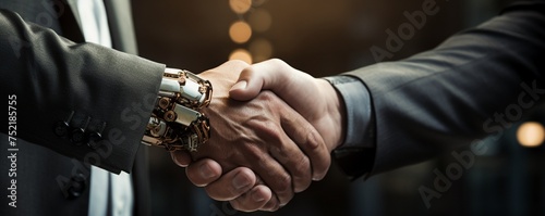 A successful deal sealed with a handshake between a businessman and a robot at a construction site forecasting future partnerships photo