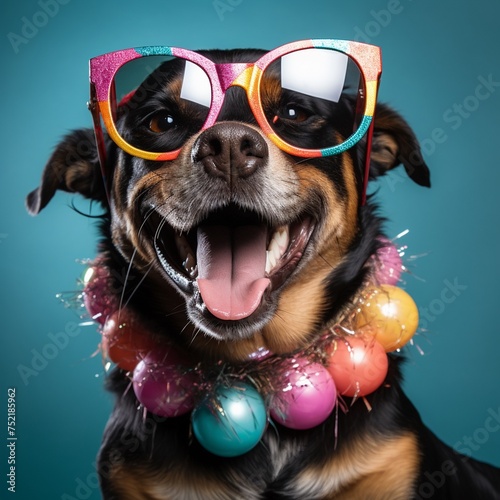 Happy dog wearing birthday sunglasses funny pose with ample copy space for cheerful moments © chayantorn