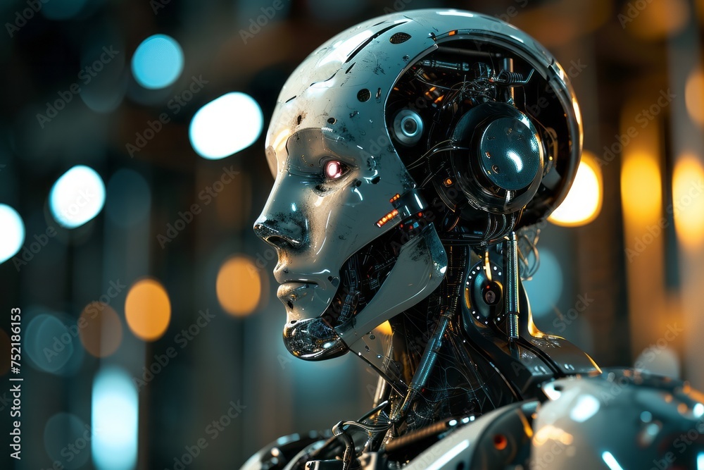 Fototapeta premium Futuristic human android robot face with head full of technology neural system. Concept of artificial intelligence.