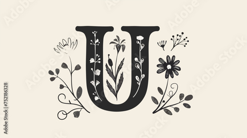 Vintage floral bold Letter U logo spring. Classic Sum