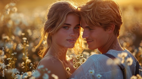 Man and Woman Standing in Field of Flowers