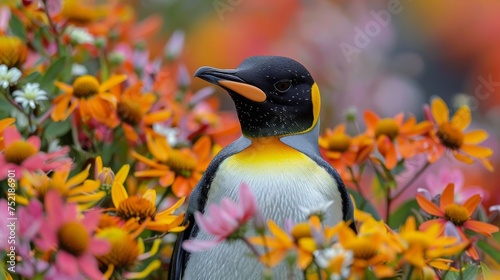 Penguin Standing in Field of Flowers