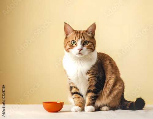 Portrait of a surprised cat next to an empty orange bowl. Wide eyed expression. White and brown fur. Cute pet. 