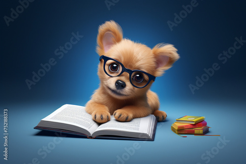 A cute dog wearing glasses is laying on top of an open book. The dog appears to be reading the book, and there are several books stacked nearby. Concept of curiosity and playfulness © pingpao