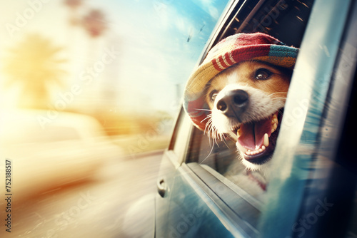 A dog is looking out of a car window with its mouth open. The dog appears to be happy and excited in retro style.