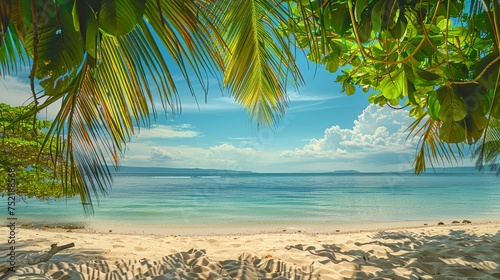 A tropical beach with palm trees during a sunny day. A calm and sunny place to rest and dream  with clear and clean sandy ocean beach and a background of tree leaves.