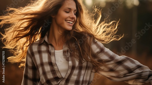 Woman with long flowing hair, dressed in a flannel shirt.