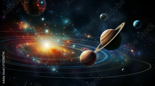 Vibrant solar system with colorful planets.