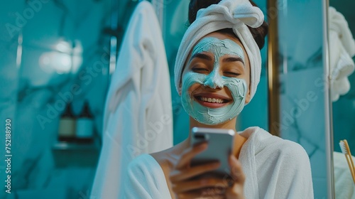Joyful and happy woman taking care of her facial skin with a treatment mask in the bathroom while chatting on her phone.