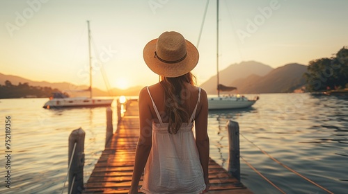  Casual summertime woman in summer clothes with a hat walking near the pier of a lake and yacht port by the seaside. Walking near the lake at sunset. Travel concept.