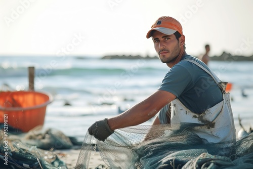 caucasian men working as fishermen at the beach