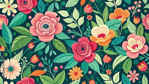 Seamless floral pattern with colorful flowers and leaves. Vector illustration.