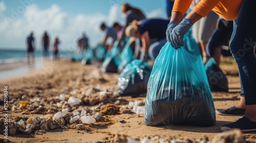 "Americans Unite for Beach Cleanup" Against the backdrop of the vast expanse of the American coastline, a diverse group of volunteers gathers for a beach cleaning event. 