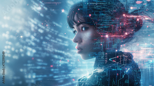 Digital Mind: Woman Engulfed in Cybernetic Network