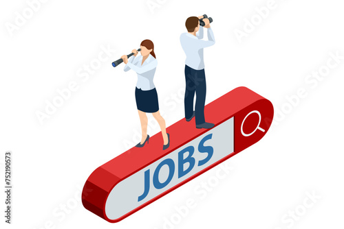 Isometric job search, CV, hiring and recruitment. Job interview, recruitment agency Personal Data Information App, Identity Private. Digital Data Secure Banner.
