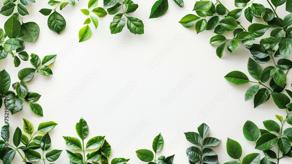 Flatlay composition with a border of green tree leaves, providing freshness and natural ideas with copy space for card invitation or product display advertisement design concept. Flatlay composition with a border of green tree leaves, providing freshness and natural ideas with copy space for card invitation or product display advertisement design concept.