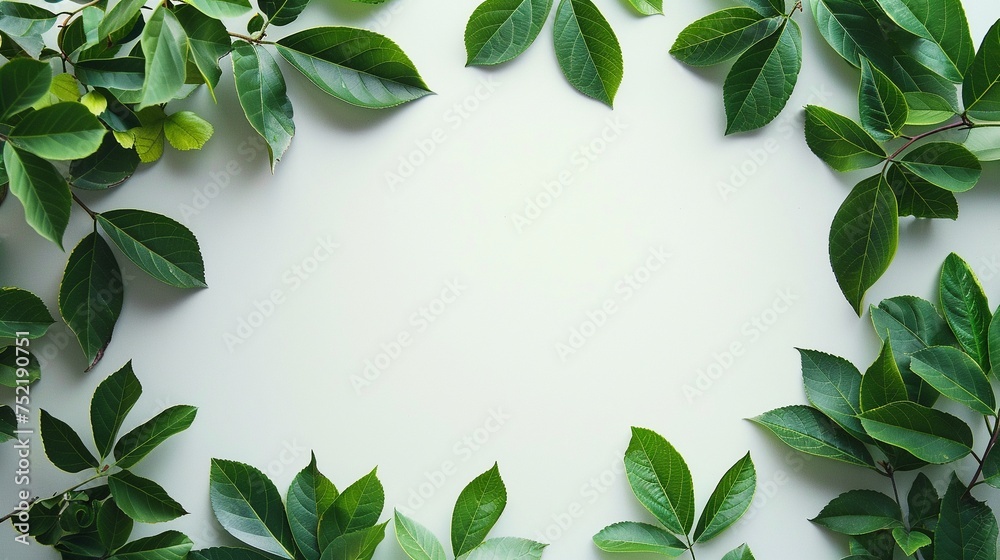 Flatlay composition with a border of green tree leaves, providing freshness and natural ideas with copy space for card invitation or product display advertisement design concept.