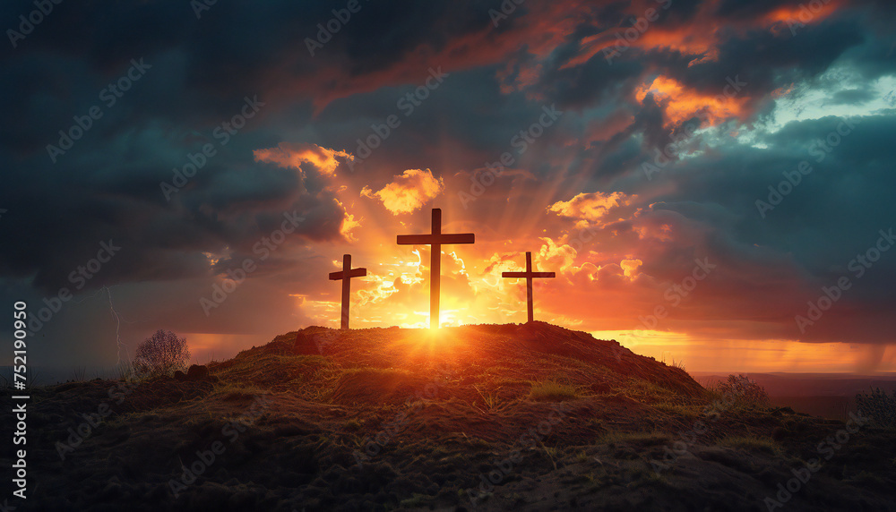 Recreation of three wood cross in a hill at sunset