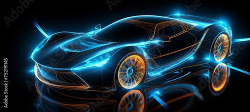 Futuristic electric black car with holographic wireframe digital technology backdrop