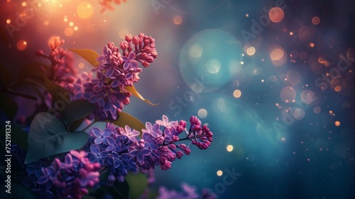 Lilac flowers in bloom with radiant bokeh lights enhancing their natural beauty. © tashechka