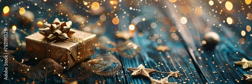 Christmas background template mock-up with golden shiny decorate balls and a bow on a present gift against an old wood background and defocused lights bokeh celebrate festive ideas. photo