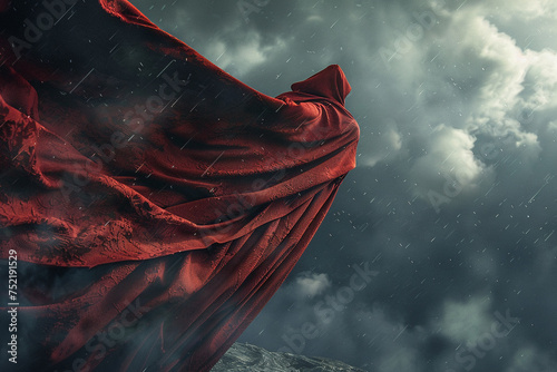 3D render of a warriors cloak a rich crimson weave fluttering dramatically in a fierce thunderstorm