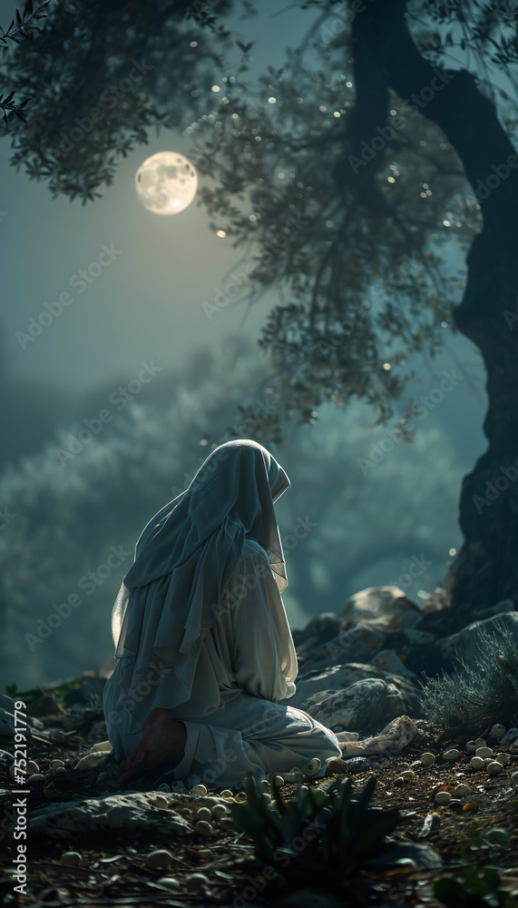 Vertical recreation of Jesus praying in the garden Gethsemane together an olive tree a night with full moon Vertical recreation of Jesus praying in the garden Gethsemane together an olive tree a night with full moon