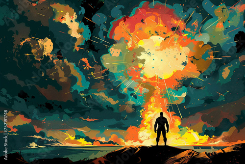 Illustration of a comic book hero standing defiantly as a backdrop of a multicolored atomic explosion illuminates the night sky photo