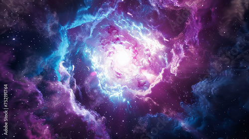 Illustration of a cosmic atomic explosion in deep space with swirling purples blues and pinks in a dramatic comic style © pprothien