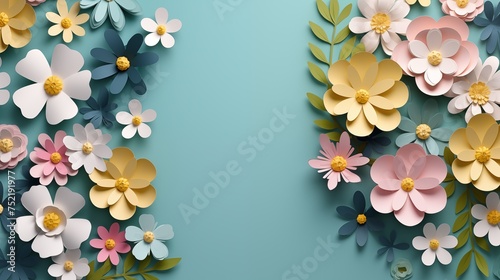 Greeting card, invitation template. 3d Hello Spring banner with colorful flowers and leaves. Modern banner poster, sale template background