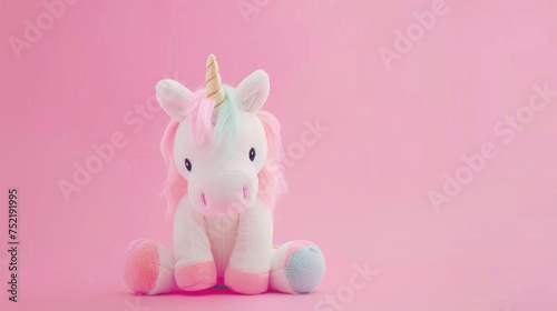 Adorable pink plush unicorn toy with a fluffy mane sitting against a soft pink background. photo