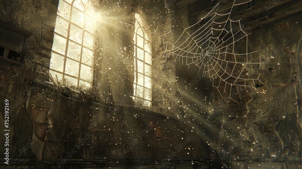 Sunbeams illuminate floating dust around a cobwebbed window in an abandoned rustic building.
