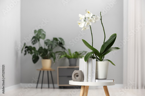 Blooming white orchid flower in pot, books and candle on side table indoors, space for text